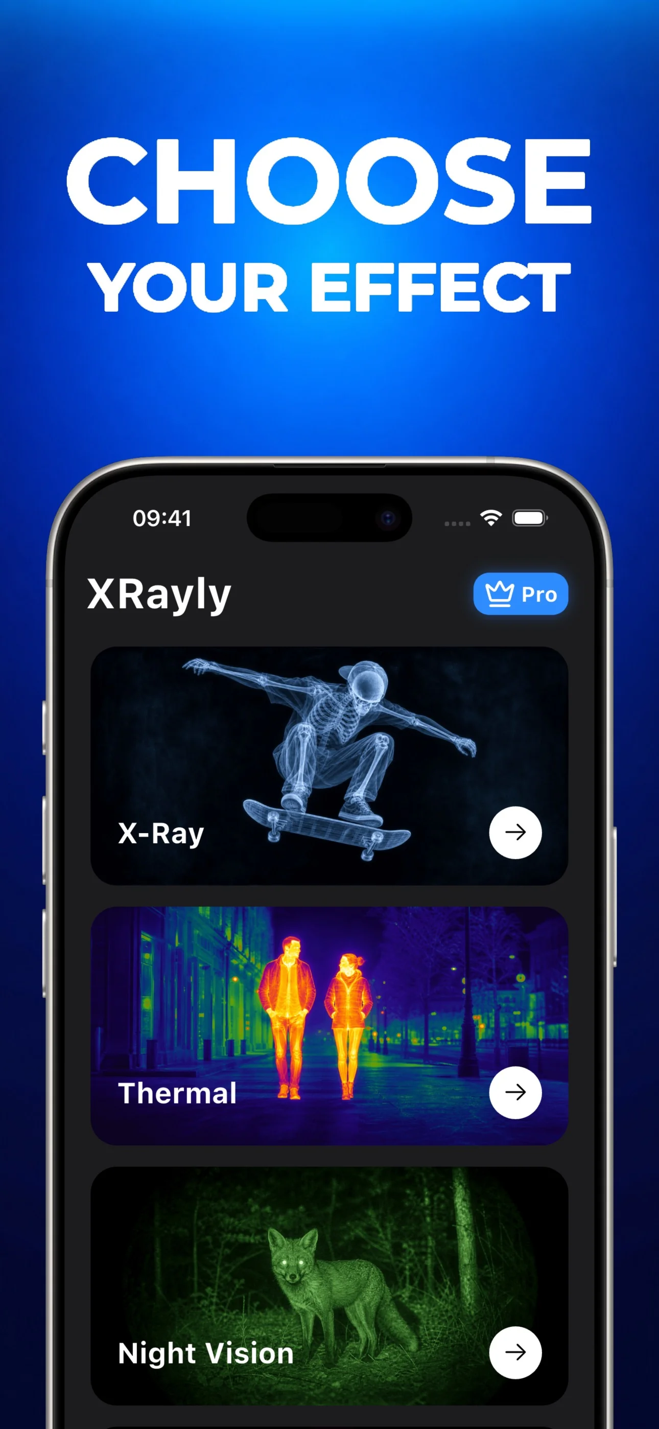 XRayly photo effect library with X-Ray, Thermal, and Night Vision styles