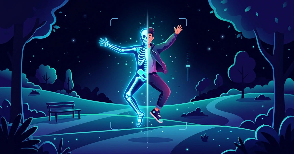A person jumping in a park at night, the left half of their body shown as a glowing blue X-ray skeleton