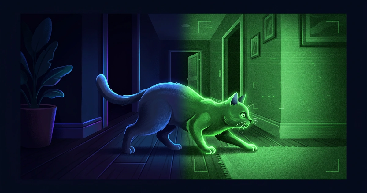 A cat creeping along a dark hallway, the front half of the scene glowing in green night vision