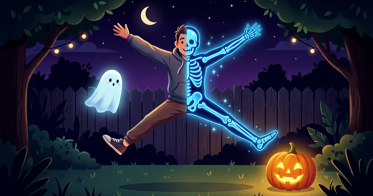 A person jumping in a backyard at night, half of their body a glowing blue X-ray skeleton