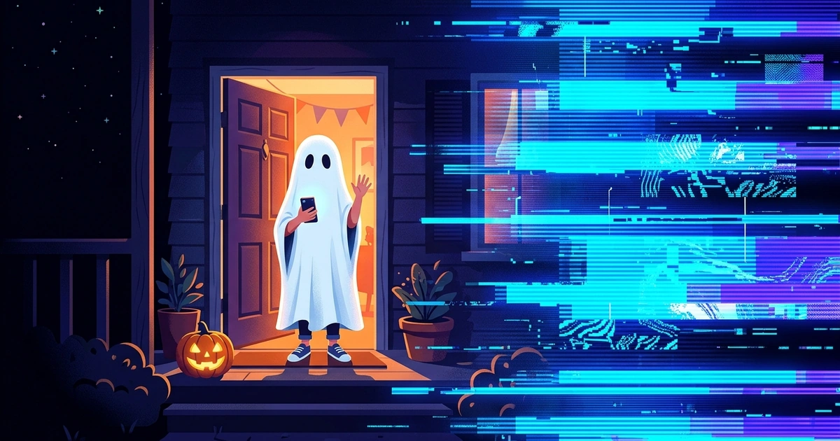 A person in a bedsheet ghost costume in a doorway, half the scene torn into blue glitch stripes