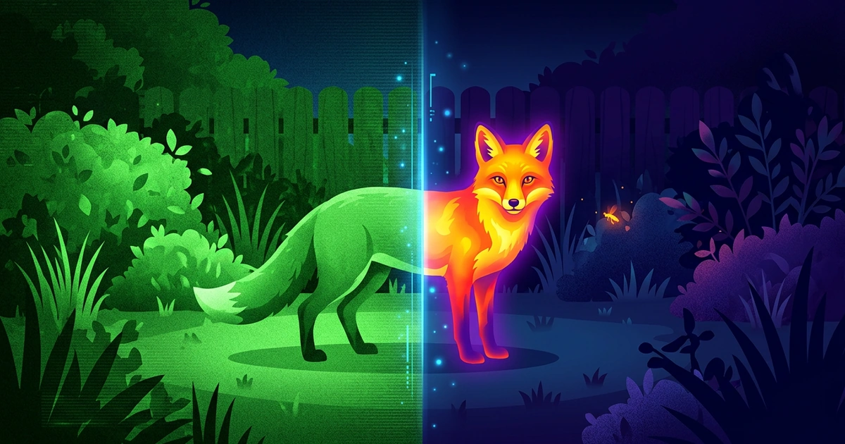A fox in a dark garden, half shown in green night vision and half glowing in thermal colors