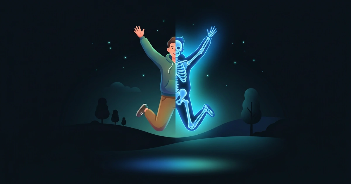 A person jumping with arms raised, the right half shown as a glowing blue X-ray skeleton
