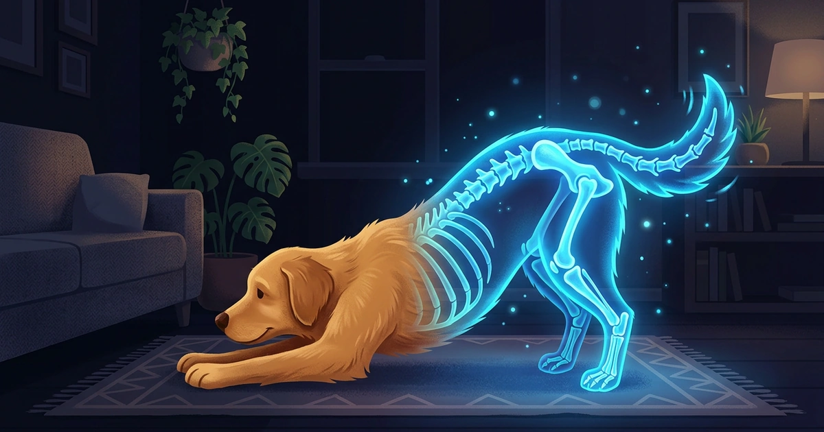A dog stretching on a living room rug, its back half shown as a glowing blue X-ray skeleton