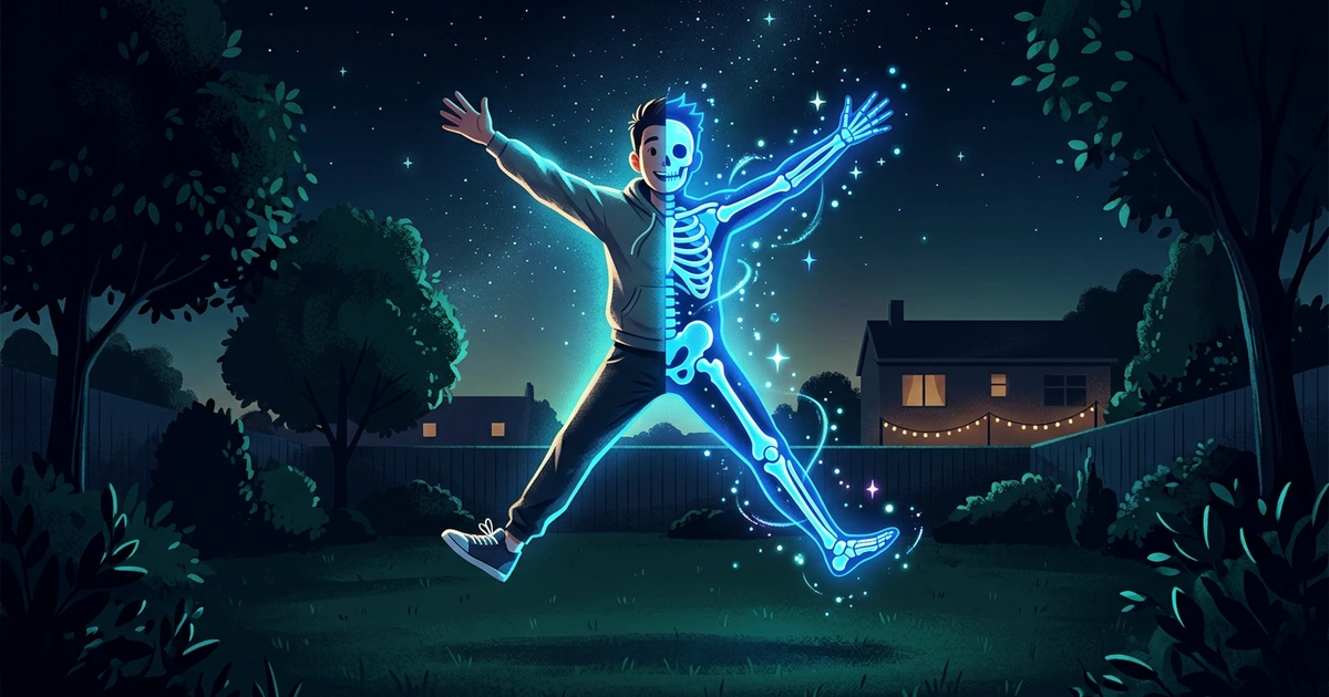 A person mid star jump in a backyard at night, half their body a glowing blue X-ray skeleton