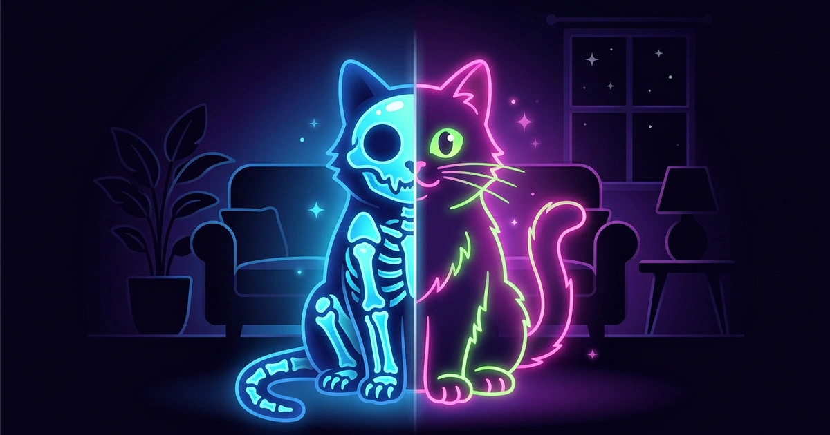 A cat on a living room floor, half a glowing blue X-ray skeleton and half pink and green neon